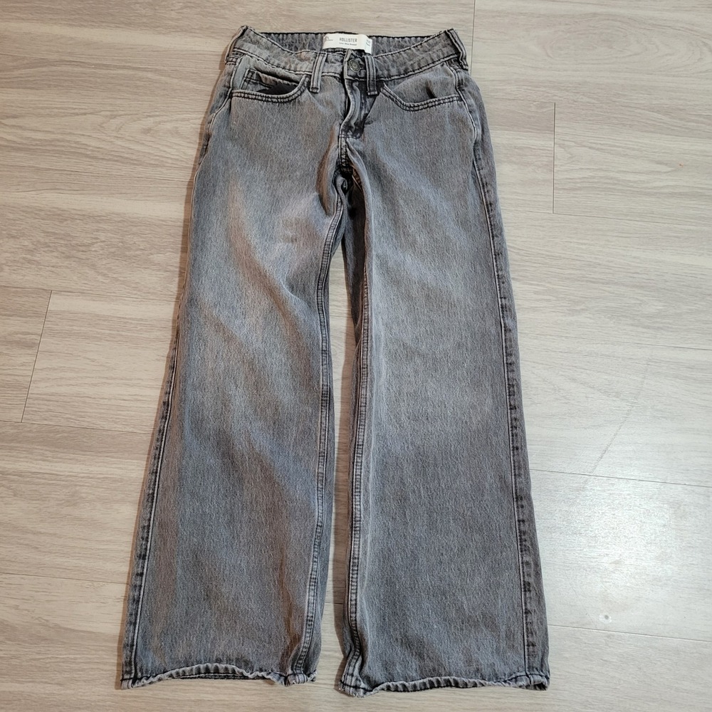 Hollister Low-Rise Baggy Jeans Grey Washed Wide Leg W23 Short(26x27) 100% Cotton